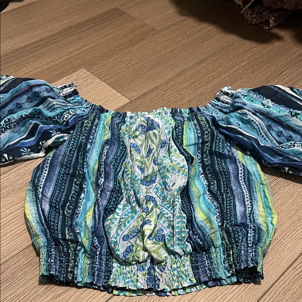 Bohemian Off-Shoulder Top - Blue and Green